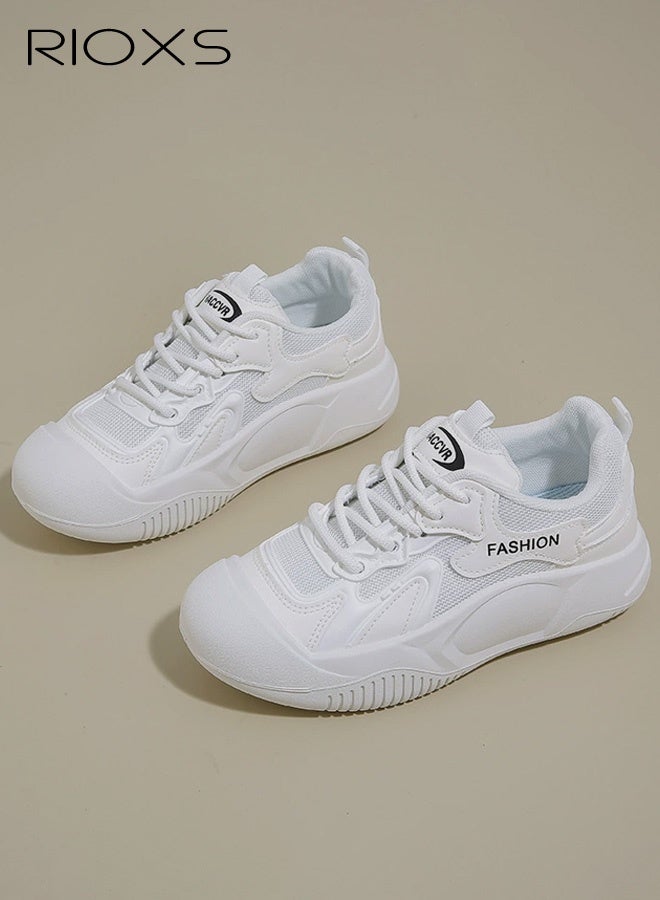 RIOXS Women's Breathable Casual White Sneakers, Fashionable Lace-Up Low-Top Thick-Sole Shoes, Classic Round Toe Comfortable Thick Sole, Versatile Everyday Style for Fashion and Practicality, White - Image 3